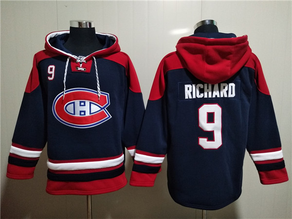 Men's Montreal Canadiens #9 Maurice Richard Navy/Red Lace-Up Pullover Hoodie